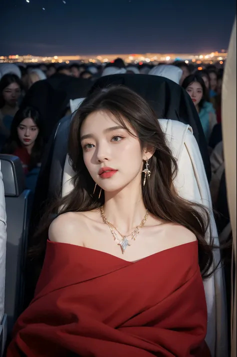 (((best quality))),(((ultra detailed))),(((masterpiece))),illustration,(a beautiful girl,female passenger,solo),(parted red lips),((slim,thin,small breasts,flat chest)),((earrings,crystal necklace)),(slender legs:1.2),summer night,((in airplane,economy cla...