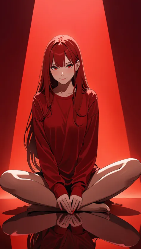 artist by Frank Miller,1 Girl, (Dynamic Action:2.0), Smile, Smooth long hair,sit, (red lighting,Red long hair, Red background, Red long-sleeved loose T-shirt, Red background, Solid color background,Red Worship, red reflections, Red skin:1.5), Flat style,  ...