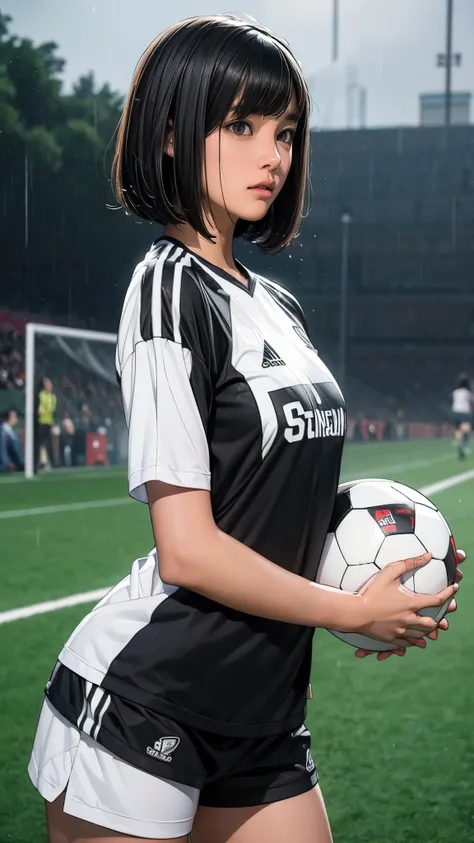 ((13-year-old girl, Very slim)), rain, heavy rain, Black Hair, Bobcut, Football Stadium, (Soccer uniforms, White)