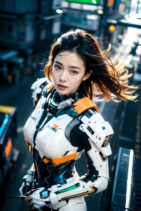 Basic colors are orange and white masterpiece,Background white bright top quality, high quality, (future:1.1), (orange, green, blue and white cyberpunk suit), light, (Exquisite future), Beautiful and beautiful, Ultra Detailed, Amazing composition, floating...