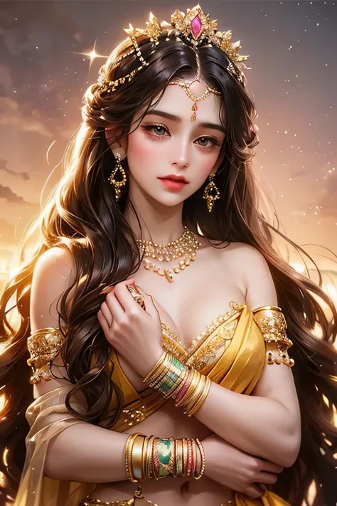 Goddess, very beautiful, animated style, closeup shot, anime in a yellow and pink combination indian saree, long black wavy hair untied, head jewellery, head clips, head chains, head tiara, necklace, long and beautiful earings, armlets, bangles and bracele...