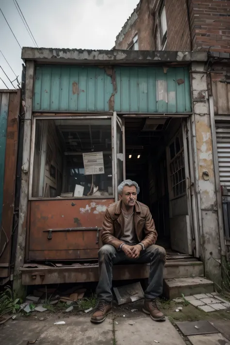 man sitting with disappointment expression, behind an old store with an abandoned appearance (rust, old products) and which has been surpassed by the technology that is in front of you, a store with artificial intelligence, the image must have a cinematic ...