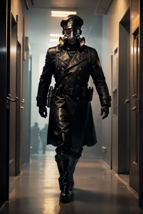 1 man, full body shot of officer, wearing black trench coat, (gas mask:1.2) and (black captain cap:1.3), (metal shoulder straps: 1.2), black leather gloves, proud, tall, (free hands:1,1), warzone