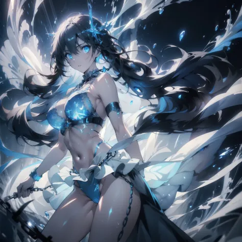 ((masterpiece, best quality)), Epic battlefield atmosphere，Delicate face，goddess，Plush，whole body，Standing picture，glowing blue eyes，Large Breasts，Gradient white long wavy hair，Perfect body proportions，Pure white background，firefly，Water Ripples，Lace，Trans...