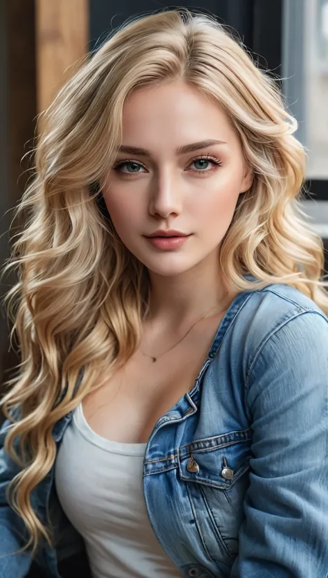 An attractive woman with long, wavy blonde hair, Youngh, semi-tied hair, curved, sexly, cropped rosa, jeans, hyper realistic absurdity, CRU photo, UltraHD 8K, high qualiy, film grain, (highly detailed skin:1.2)