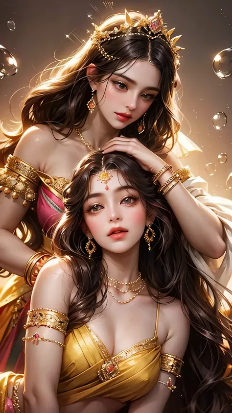 Goddess, very beautiful, animated style, closeup shot, anime in a yellow and pink combination indian saree, long black wavy hair untied, head jewellery, head clips, head chains, head tiara, necklace, long and beautiful earings, armlets, bangles and bracele...