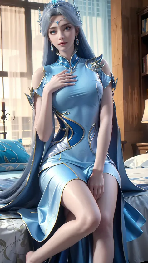 A beautiful young woman,Long hair,Wearing pajamas,Sitting on the bed,barefoot,Wearing a dress,Side-lying,Cross-legged,Full body shot,(Best picture quality,4K,8K,high-definition,excellent work:1.2),Ultra Detail,(Realistic,Realistic,Realistic:1.37),Delicate ...