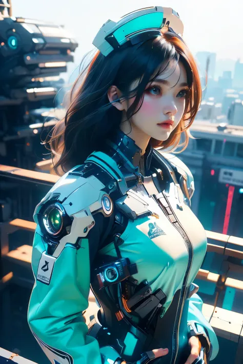 The basic color of the mecha is orange masterpiece,Background white bright top quality, high quality, (Portrait of a real person) (future:1.1), (orange, green, blue and white cyberpunk suit), Soft Lighting, (Exquisite future),Doctor gown white windbreaker ...