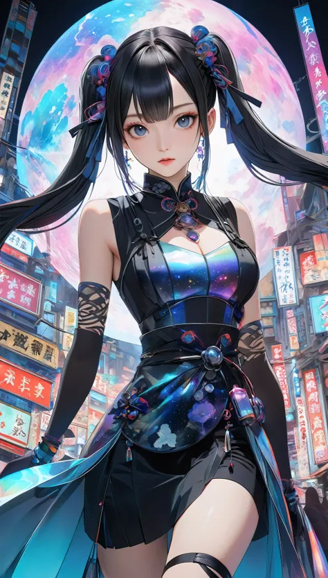 twin tails, aesthetic harmony of dark colors, gothic cyberpunk, a miraculous fusion with ukiyo-e, creating a fantastical view of...