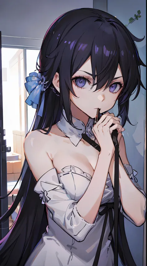 Beth,,Expose the private part,Sexual turn,Long black hair,Big ,Purple eye,tmasterpiece,best qualtiy,ultra - detailed,illustratio,epic lighting,cinematic compositions,isometry,1girl,独奏,adolable,black color hair,red hair clips,formal,a captivating gaze,capti...