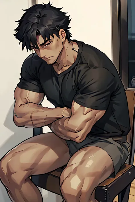 Kiritsugu is sitting and flexing his thighs. He wears black short boxershorts. You can see his thighs completely. He is wearing a black tshirt with short sleeves. His sleeve is rolled up completely, so you can see his entire arm and shoulder. He is admirin...