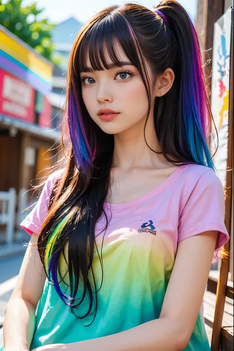 (pink fashion t-shirt: 1.9), (colorful hair: 1.8), (all the colors of the rainbow: 1.8), ((portrait: 1.6)), (painting: 1.6), fro...