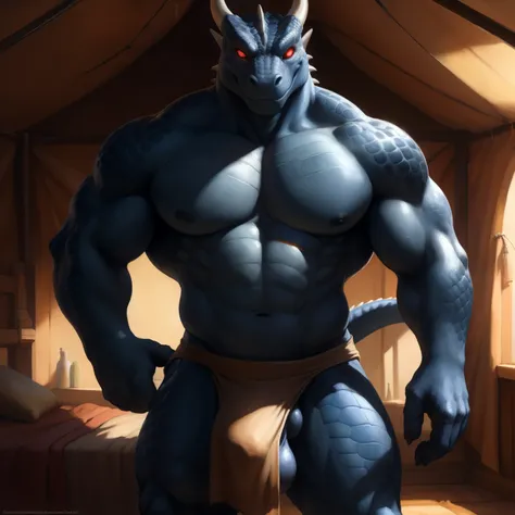 medieval bedroom, inside tent, front view, standing, penis outline, (ultra detailed), a beautiful and detailed full size portrait of a male anthro dragon (black body, blue skin), (scales, detailed scales, muscle anthro, buff, big pecs), black loincloth, ba...