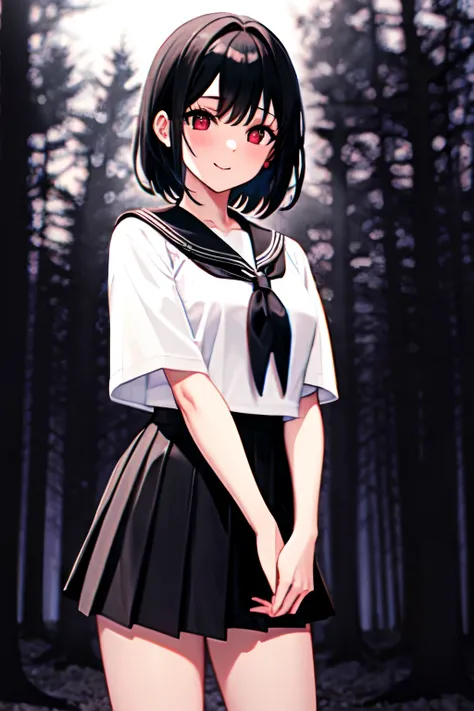 ((best quality)), ((masterpiece)), (detailed), 1girl, cute,Black Hair,,肩までの長さのBlack Hair,Medium length hair,Red Eyes,Night Forest,Spooky Forest,Sailor suit,Black and white ,Pleated skirt