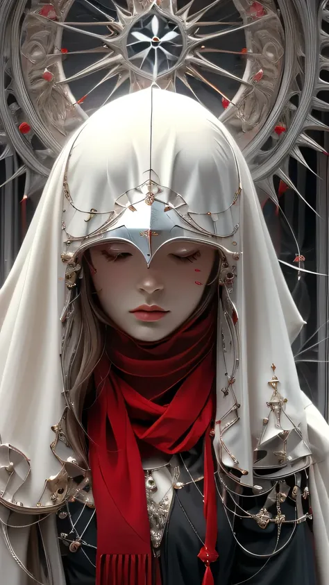 Shadrach Yaroselev&#39;s《goddess》, Gothic Future Style, Dark white and light red, Highly detailed illustration, Ultra-high definition images, Gorgeous costume details, Complicated costumes, (cathedral:1.6)(Beautiful and clear background:1.4),
(Transparent...