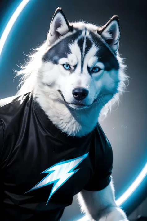 A Siberian husky with a humanoid body wearing a black shirt with a blue lightning bolt printed on the shirt