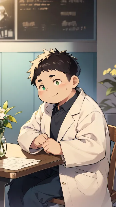gentle，cute，Fat boy who is a psychologist by profession sits at the table，There is a flower on the table，Wearing a white coat，A faint smile，Petite，Look at the screen direction，A faint smile，Concerned eyes，Green eyes。