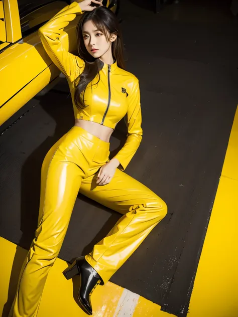 yellow fitted long sleeve and long trouser racing leather suit