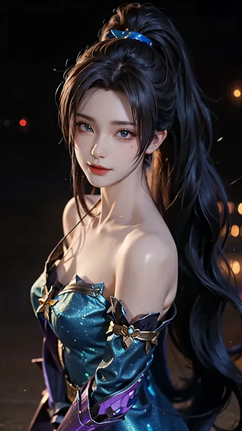 4k ultra high definition、best quality, masterpiece, Ultra-high resolution, (Reality: 1.4), 1 girl, Purple Eyes, Off-the-shoulder sweater dress, Light、purple and black hair、((Dark Makeup、Oily skin,有Light泽的皮肤、Realistic skin texture、Delicate and beautiful ski...