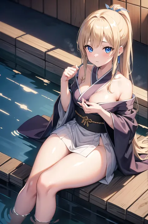 beatrixamerhauser, beatrix amerhauser, long hair, blue eyes, blonde hair,ponytail, (medium breast:1.2),
BREAK japanese clothes, kimono, yukata,cleavege,neckline,black choker,
BREAK looking at viewer,
BREAK outdoors, onsen,night,steam,wet,stars,starfall,hot...