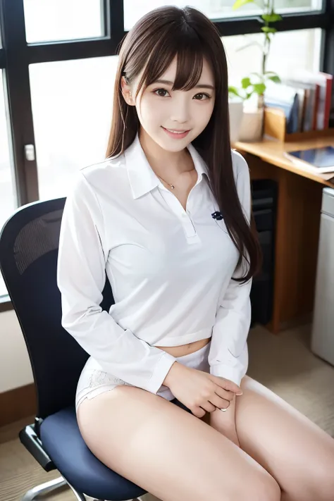 Japanese、high school student、Beauty、Facing forward、Kind eyes、Smiling Kindly、He is wearing a long navy blue short-sleeved polo shirt、She is wearing a grey tight long skirt、Sitting in a chair、Hands outstretched、((Her white underwear is visible between her sk...