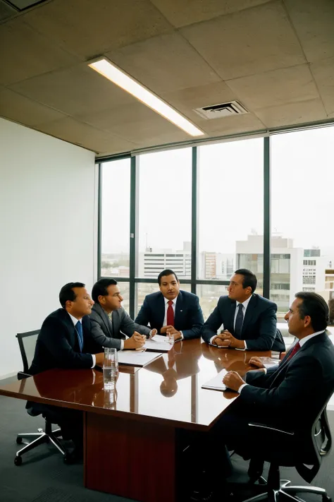 I need a square image of Latin American executives or businessmen meeting in an office, analyzing documents, and where the team leader can be seen in the foreground