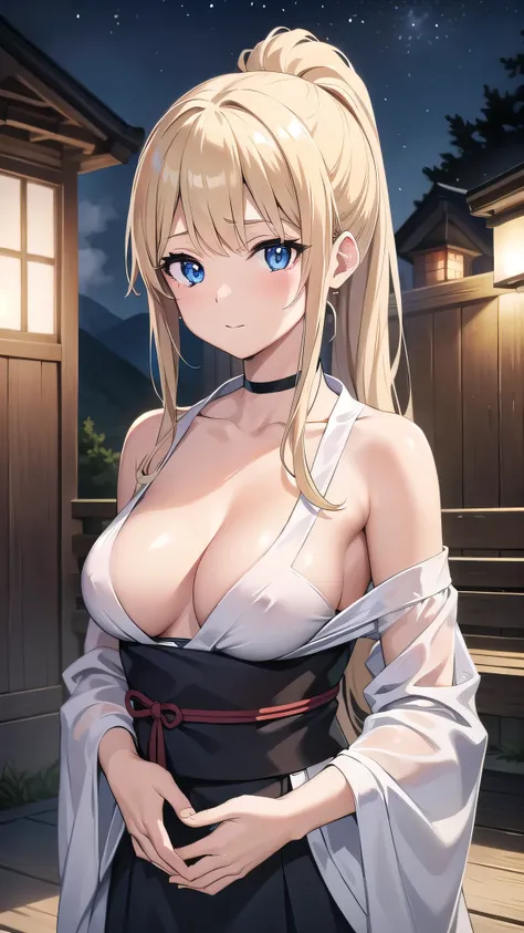 beatrixamerhauser, beatrix amerhauser, long hair, blue eyes, blonde hair,ponytail, (medium breast:1.2),
BREAK japanese clothes,white kimono,wet kimano, yukata,cleavege,neckline,black choker,
BREAK looking at viewer,
BREAK outdoors, onsen,night,steam,wet,st...