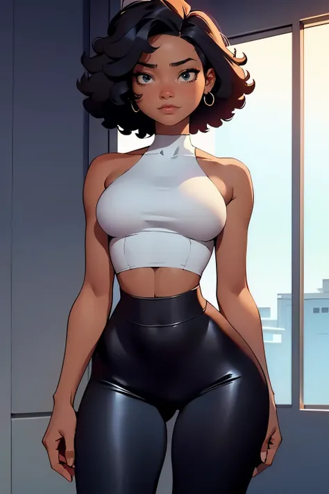 afro american girl, dark skin, behind view, afro haircut, 1 girl, solo, (black leggins) (crop tank top low neckline), sleveless, wide hips