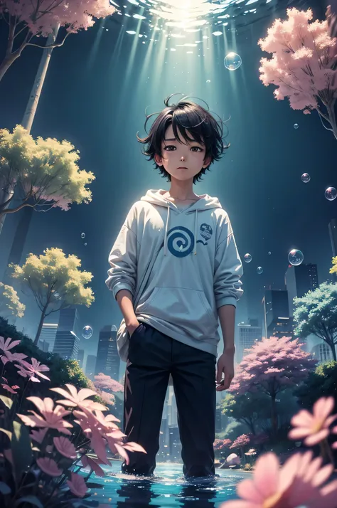 a boy standing in the middle of a city with bubbles floating in the air high detailed black hair, bubbly scenery, colorful anime movie background, floating bubbles, escaping air bubbles, anime background art, dreamy psychedelic anime, beautiful anime scene...