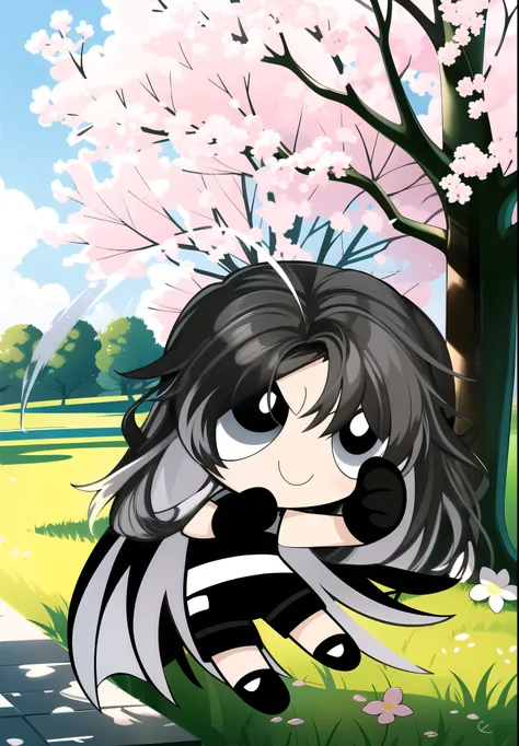 (long hair, gradient hair, black white hair), smile, chibi, 1girl,  black eyes, gloves, jewelry, shorts, black shorts, asymmetrical gloves, big blossom tree background,