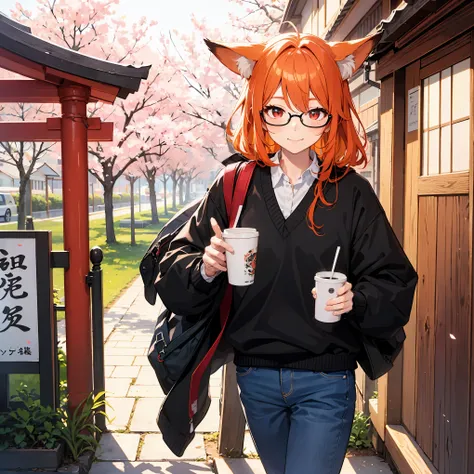 colorful, masterpiece, 1boy, smile, ^^, blush, stylish hair, black glasses, orange hair, red eyes, fox ears, wallpaper, landscape, depth of field, morning, sakura bloom, sakura tree, school gate, light particles, light rays, sidelighting, japanese school, ...