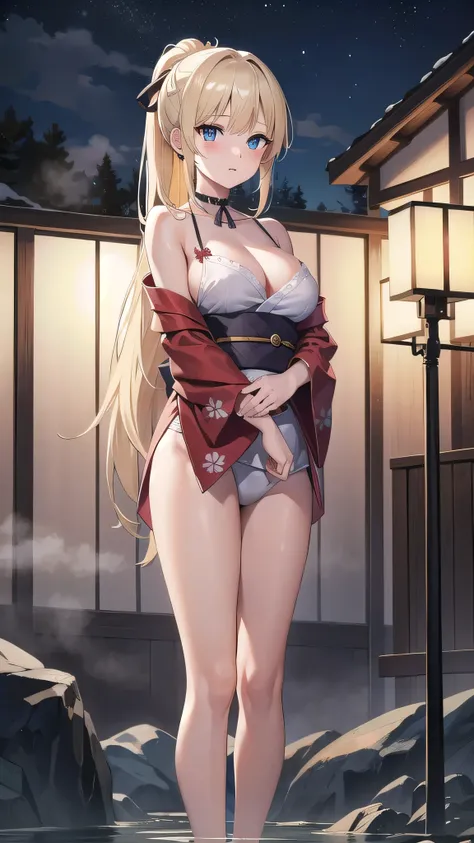 beatrixamerhauser, beatrix amerhauser, long hair, blue eyes, blonde hair,ponytail, (medium breast:1.2),
BREAK japanese clothes,red kimono,wet kimano, yukata,cleavege,neckline,black choker,
BREAK looking at viewer,
BREAK outdoors, onsen,night,steam,wet,star...