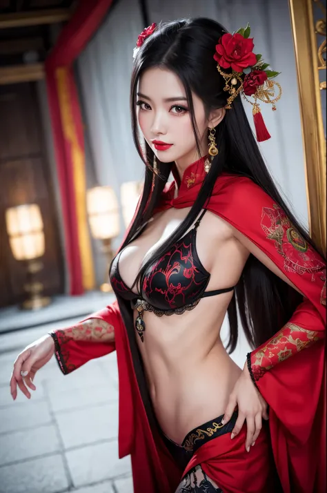 8K,Himiko,Black-haired Asian empress poses for photos in sexy red and black courtesan outfit, Japanese God, Beautiful fantasy empress, so beautiful(A vivid face),Red lipstick,Gorgeous courtesan costume,Flashy makeup,Long black hair,Red eyes,Accurate detail...