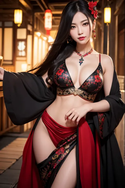 8K,Himiko,Black-haired Asian empress poses for photos in sexy red and black courtesan outfit, Japanese God, Beautiful fantasy empress, so beautiful(A vivid face),Red lipstick,Gorgeous courtesan costume,Flashy makeup,Long black hair,Red eyes,Accurate detail...