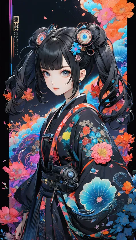 twin tails, aesthetic harmony of dark colors, gothic cyberpunk, a miraculous fusion with ukiyo-e, creating a fantastical view of...