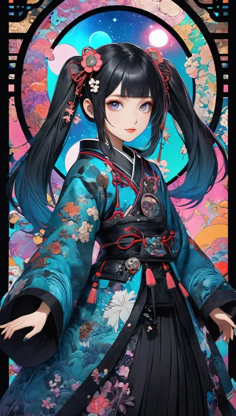 twin tails, aesthetic harmony of dark colors, gothic cyberpunk, a miraculous fusion with ukiyo-e, creating a fantastical view of...