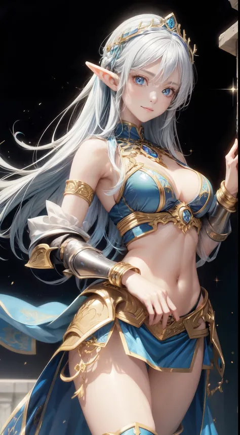 standing mature elf woman, 20 years of age, cleavage, blue bikini armor, blue armored short skirt, jewelry, blue eyes, perfect hand, perfect face, perfect body, small smile, realistic, white hair, porcelain skin, perfect skin, sleeveless, gloveless, bracel...