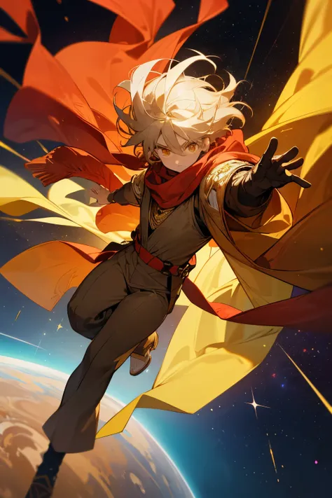 Young anime man glowing eyes floating in space ((giant golden scarlet)) man floating in space ((starry eyes)) black curly hair Young man with detailed eyes with yellow scarf covering his mouth bright yellow scarf full body with clothes covering the whole b...