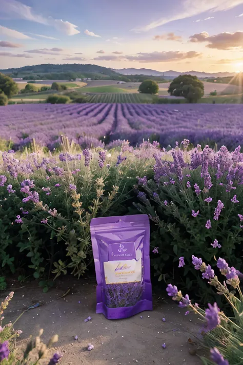 Lavender flavor candy with its package beside and the background is field of lavender flowers