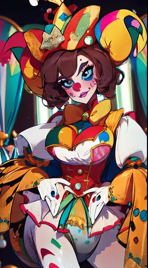 16k, HD, Professional, Highly Detailed, ((Masterpiece: 0.3)), (((High Quality))), Ultra-detailed face, Highly Detailed Lips, Detailed Eyes, full body, clown girl, (Massive (diaper))), brown hair, squeaky nose, white clown makeup, bright rainbow outfit, sta...