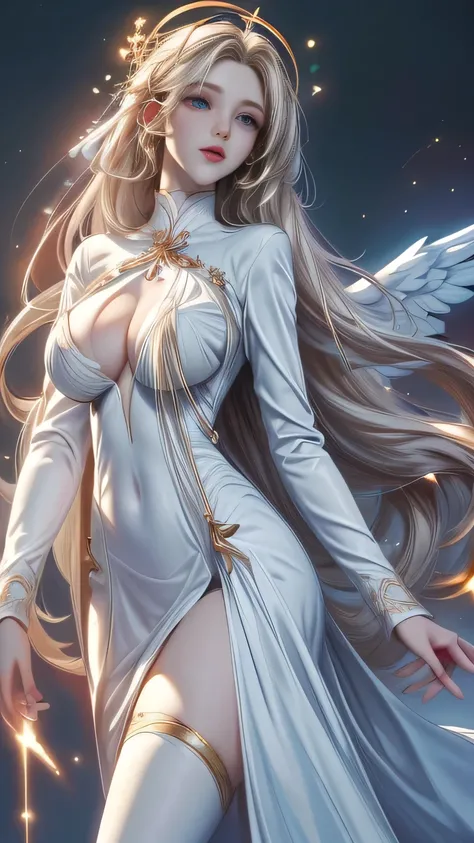 ((tall, beautiful, gorgeous, magnificent, celestial female archagel)) ((pale skin)) ((light blue eyes)), ((dark eyeshadows make up)) ((red lips)) ((long straight platinum blonde hair)) ((big breast:1.5)) ((skinny body:1.3)) ((wear long white tunic with gol...