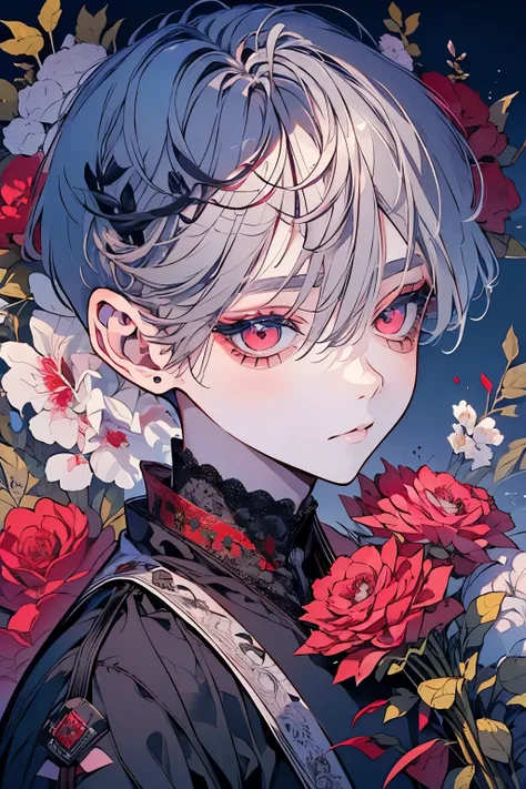 (Mastepiece), (Best Quality), Very detailed, 1 boy, Solo Shooting, Perfect Face, Beautiful Face, Very detailedな顔，(Gray Hair:1.3)，(short hair:1.4)、(Big eyes:1.4)，(Long eyelashes:1.4)、(Red Eyes:1.3)、Black clothes、Lots of flowers、petal