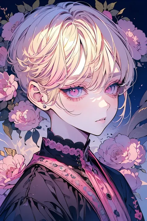 (Mastepiece), (Best Quality), Very detailed, 1 boy, Solo Shooting, Perfect Face, Beautiful Face, Very detailedな顔，(Blonde:1.3)，(short hair:1.4)、(Big eyes:1.4)，(Long eyelashes:1.4)、(Pink Eyes:1.3)、Black clothes、Lots of flowers、petal