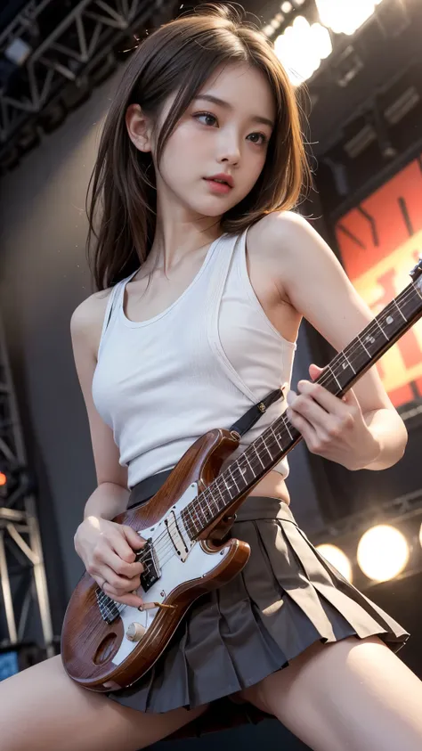 (Highest quality, masterpiece:1.2, RAW Photos), (Realistic:1.3), Realistic:1.2、One Girl、Japanese、Slender body line、Small face and slender figure、((beautiful girl、Cute school girl、Idol Face、Baby Face))、((Playing electric guitar:1.3))、(She spreads her legs t...