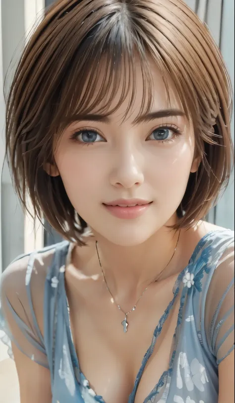 (8k, photorealistic, RAW photo, best quality: 1.4), (1girl), super beautiful, (realistic face), (silver short hair), 19 year old beautiful girl, seduces the viewer, beautiful expression, upper body, random pose, big big tits, (realistic skin), beautiful sm...