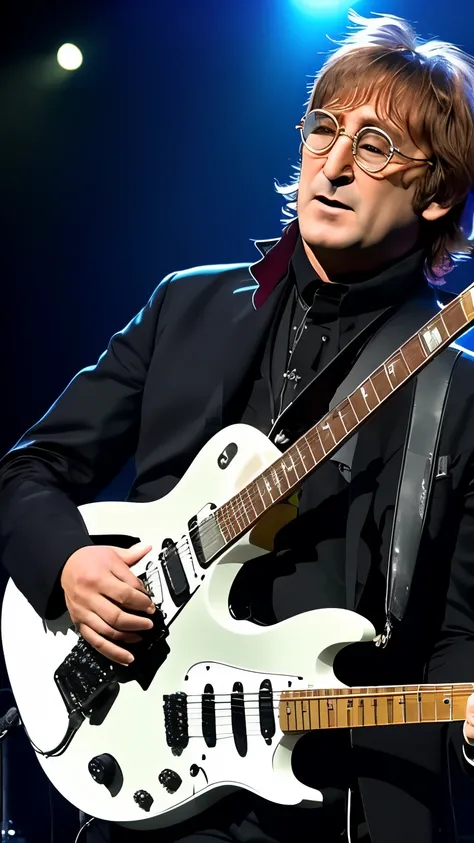 create john lennon featured playing electric guitar , no palco com THE BEATLES, 8K, uhd, realisitic