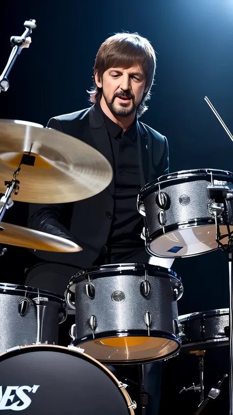 create featured Ringo Star by playing drums , no palco com THE BEATLES, 8K, uhd, realisitic