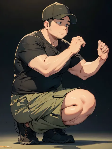 a chubby 35-year-old man kneeling、black background、black cap、black t-shirt、khaki half pants、whole body、