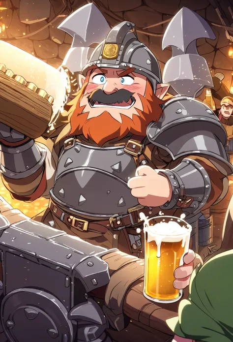 dwarf man, Beer Lover, drunk, short stature, heavy steel armor, engineer, big hammer, dungeon, 