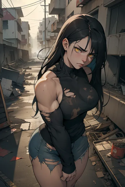 long flowing hair muscular girl shes sad the streets are empty dark and destroyed looking at camera the atmosphere is heavy shes busty and very thick shes alone and there a gloomy atmosphere going on black hair yellow eyes pale skin tattered clothes and gr...